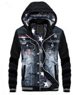 Men's Fall Hooded Jacket Regular Print Daily Punk & Gothic Long Sleeve Denim Black Gray/Winter - Image 2