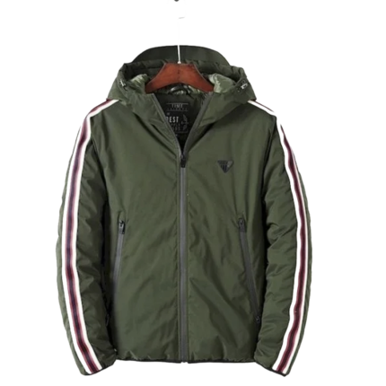 Men's Hooded Zip Front Jacket With Striped Sleeves And Pockets