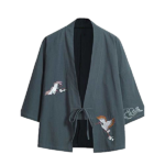 Mens Jacket Japanese Style Crane Printed Noragi Coat Cardigan