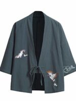 Mens Jacket Japanese Style Crane Printed Noragi Coat Cardigan - Image 2