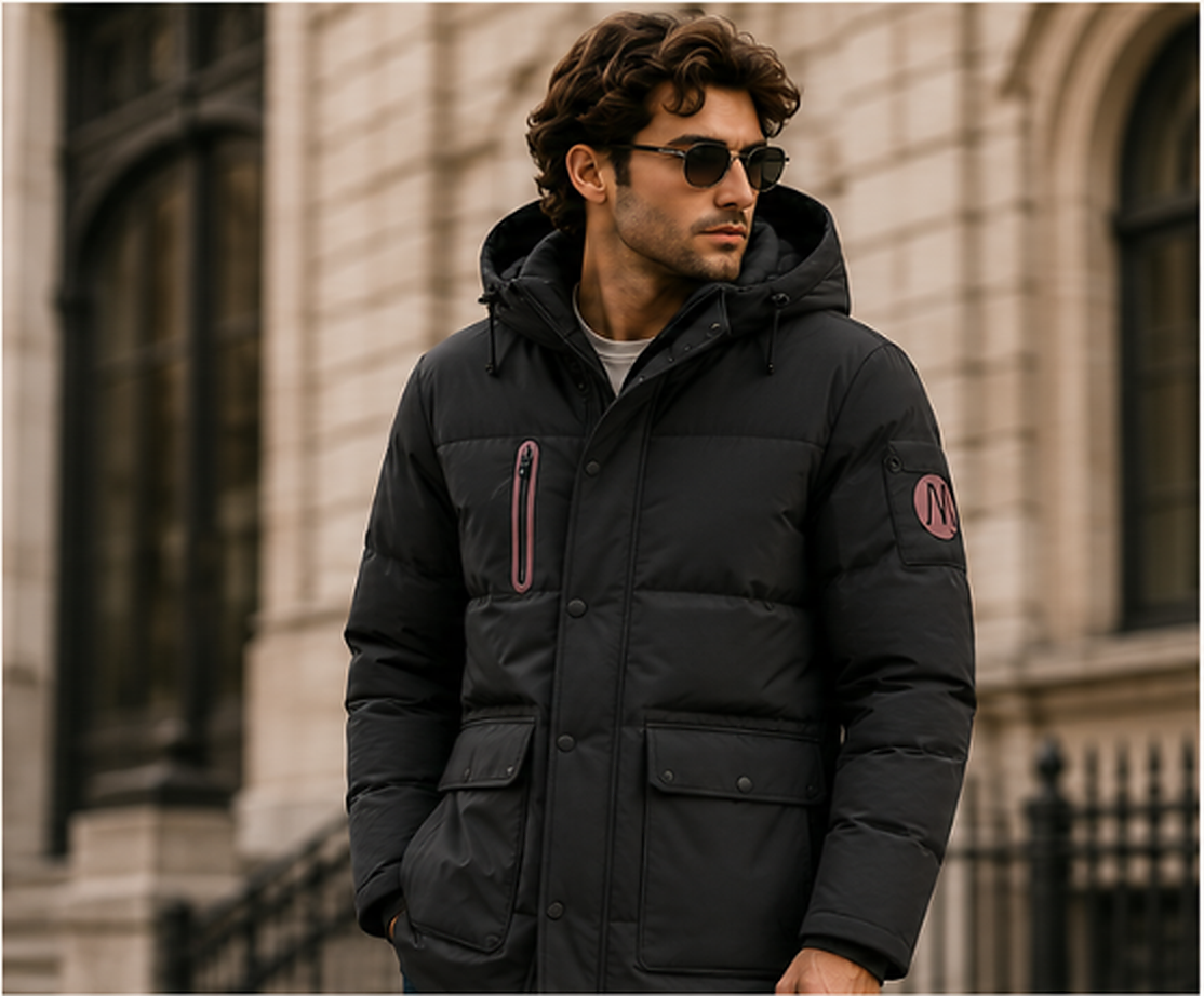 Model wearing black down jacket